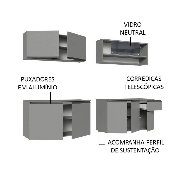 Armário de Cozinha Completa Suspenso 300cm Cinza Nice Madesa 06