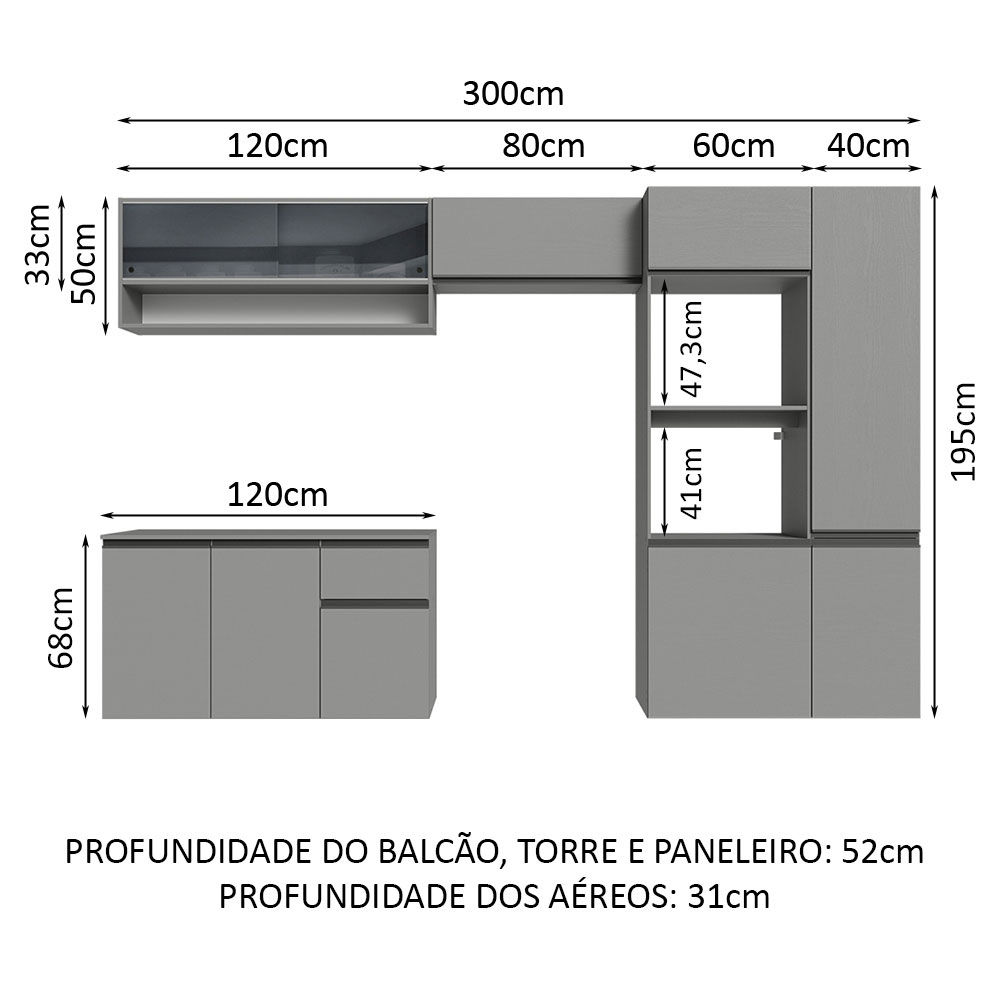 Armário de Cozinha Completa Suspenso 300cm Cinza Nice Madesa 07