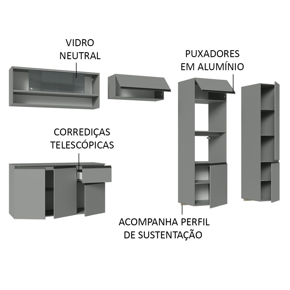 Armário de Cozinha Completa Suspenso 300cm Cinza Nice Madesa 07