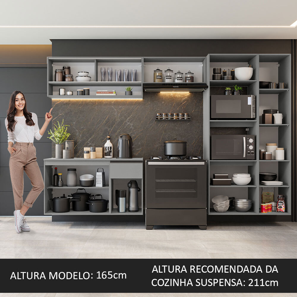 Armário de Cozinha Completa Suspenso 300cm Cinza Nice Madesa 07