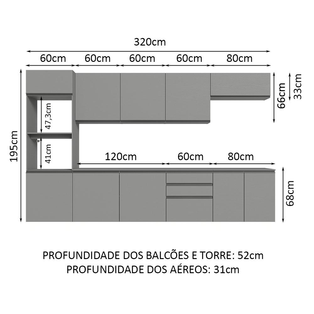 Armário de Cozinha Completa Suspenso 320cm Cinza Nice Madesa 07