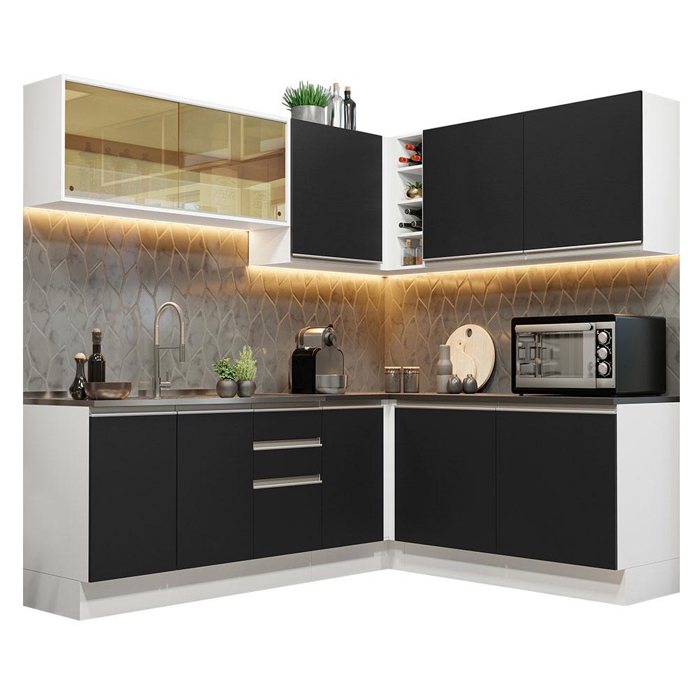 Armário de Cozinha Completa de Canto 100% MDF 389cm Branco/Preto Acordes Madesa 02