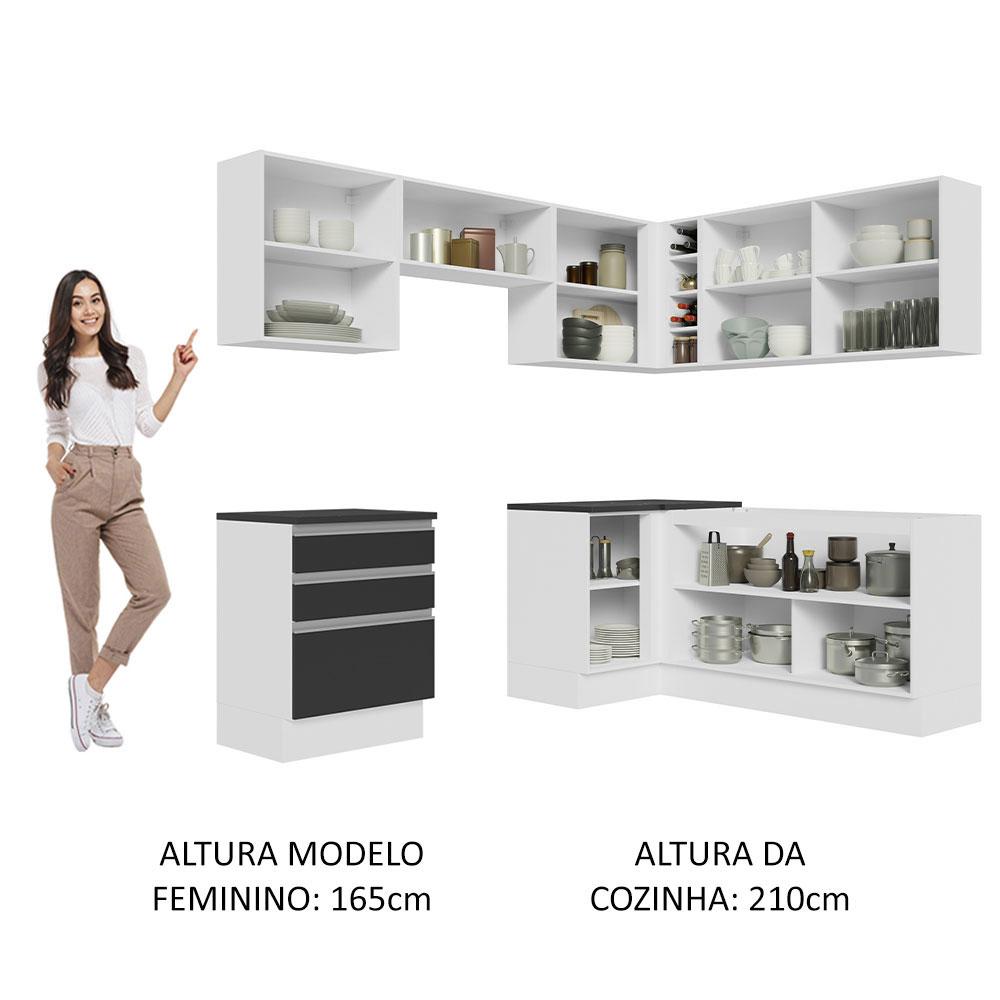 Armário de Cozinha Completa de Canto 100% MDF 409cm Branco/Preto Acordes Madesa 01