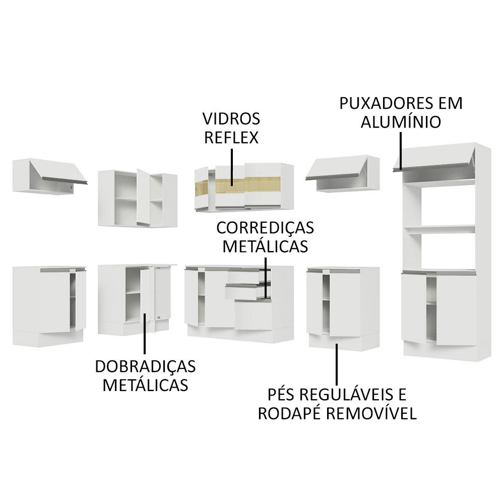 Armário de Cozinha Completa de Canto 100% MDF 447cm Branco Smart Madesa 02