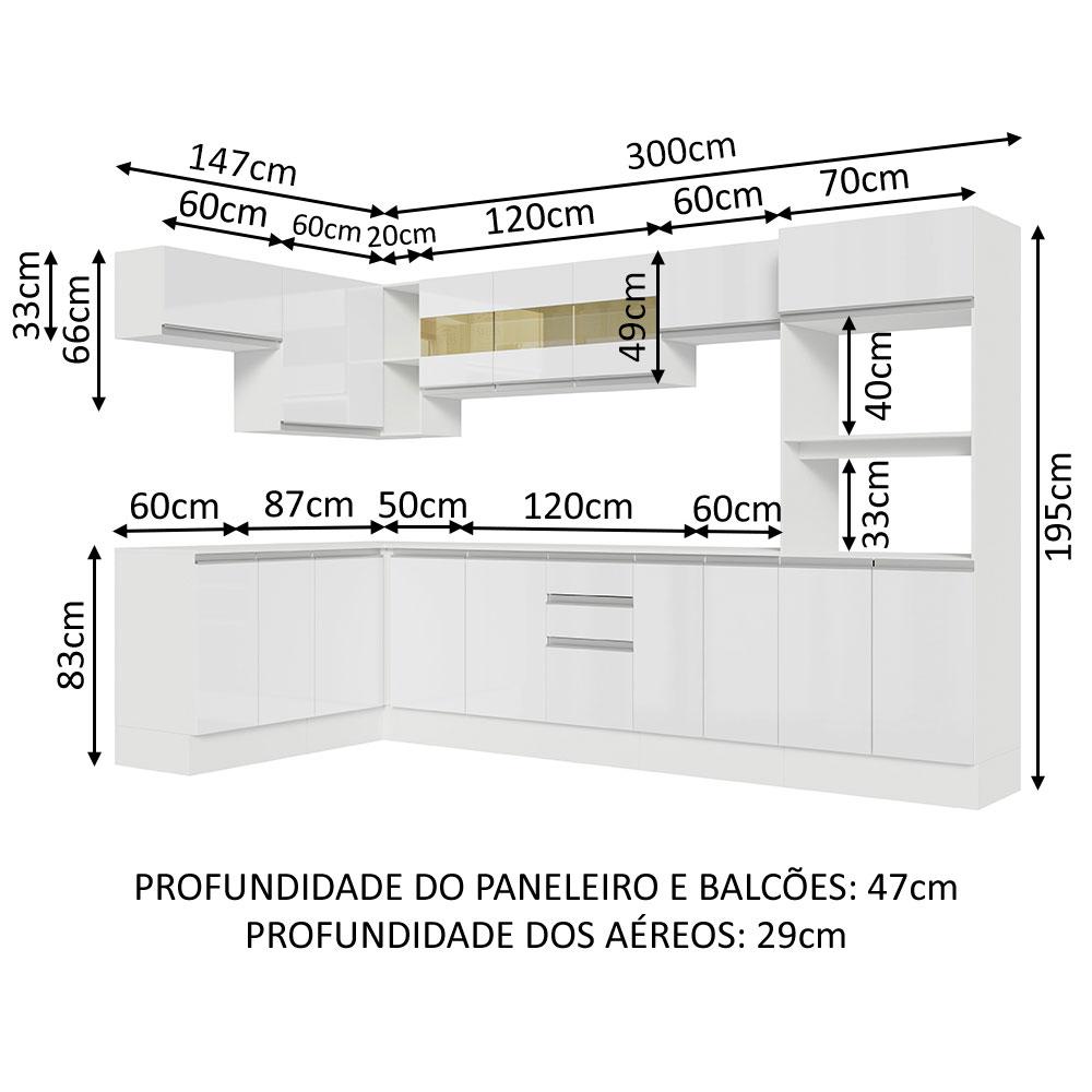 Armário de Cozinha Completa de Canto 100% MDF 447cm Frentes Branco Brilho Smart Madesa 02
