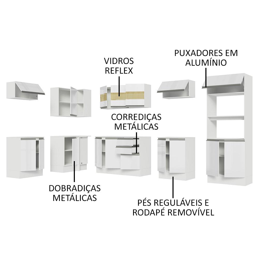 Armário de Cozinha Completa de Canto 100% MDF 447cm Frentes Branco Brilho Smart Madesa 02