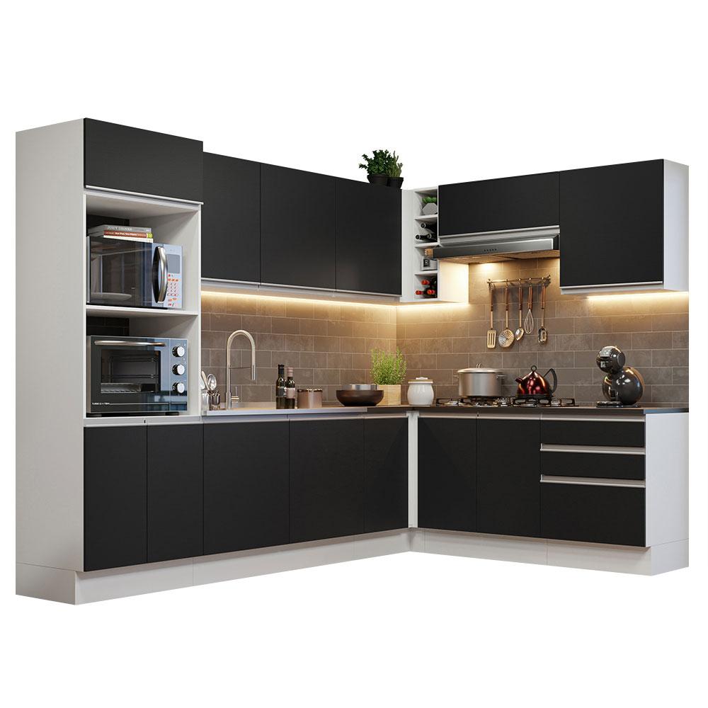 Armário de Cozinha Completa de Canto 100% MDF 479cm Branco/Preto Acordes Madesa 03