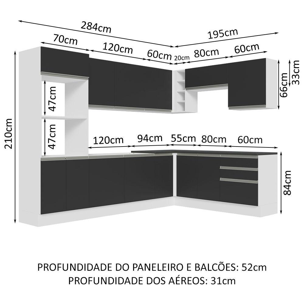Armário de Cozinha Completa de Canto 100% MDF 479cm Branco/Preto Acordes Madesa 03
