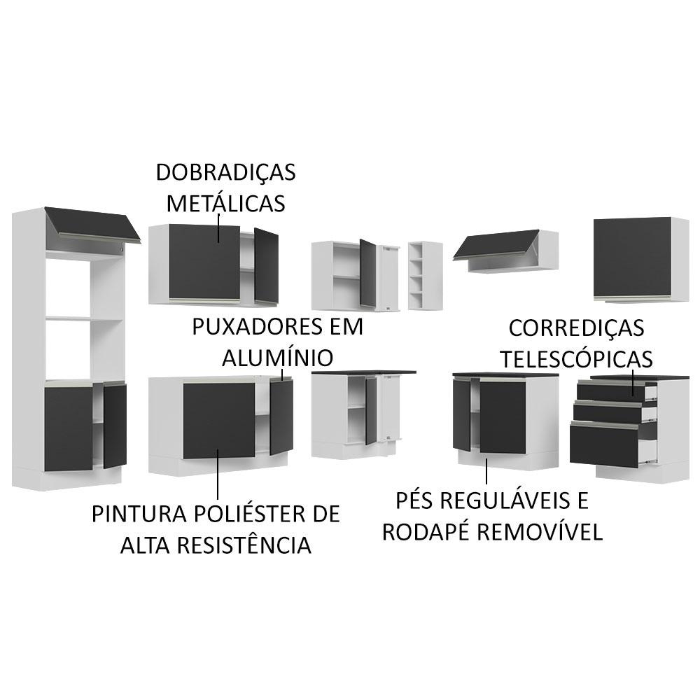Armário de Cozinha Completa de Canto 100% MDF 479cm Branco/Preto Acordes Madesa 03