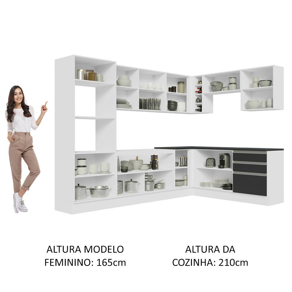 Armário de Cozinha Completa de Canto 100% MDF 479cm Branco/Preto Acordes Madesa 03