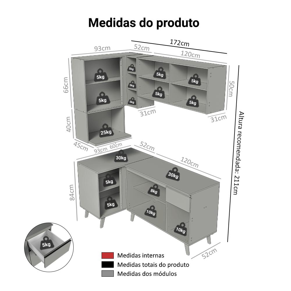 Armário de Cozinha Completa de Canto 265 cm Cinza Nice Madesa 05