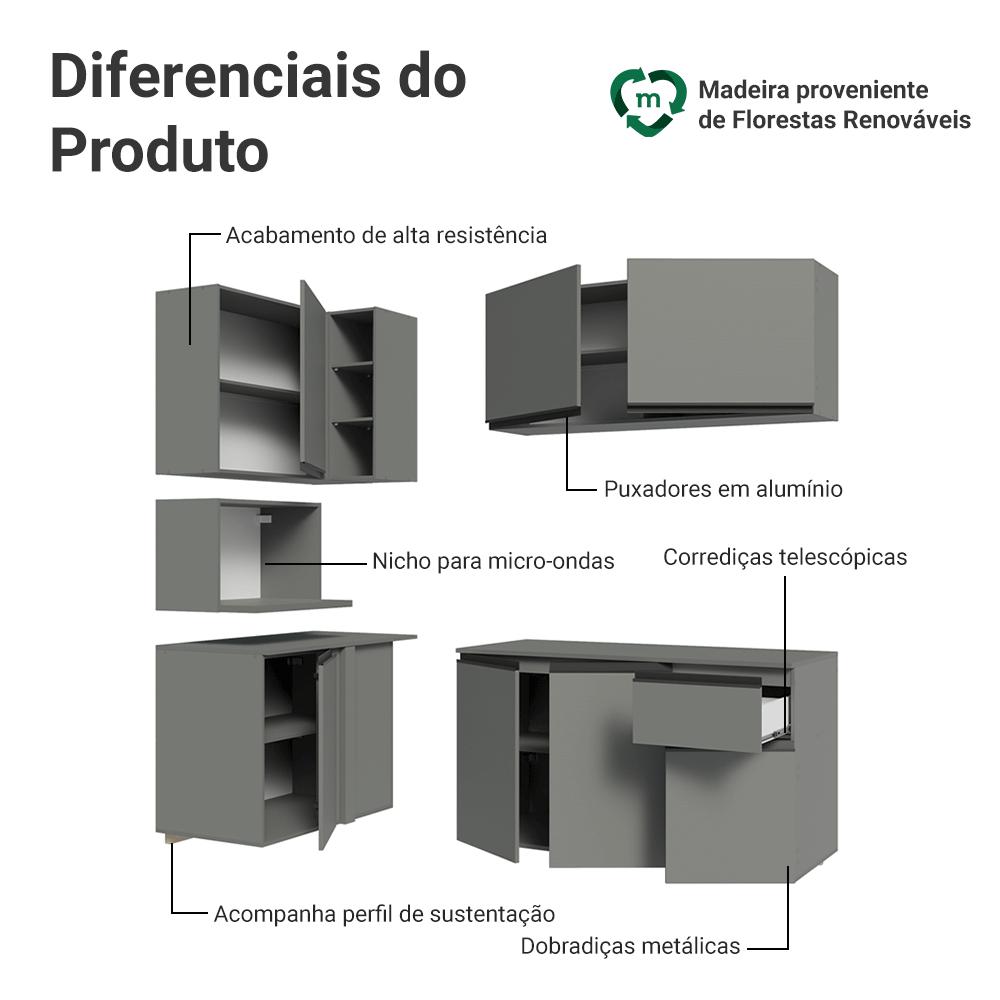 Armário de Cozinha Completa de Canto 265 cm Suspensa Cinza Nice Madesa 06