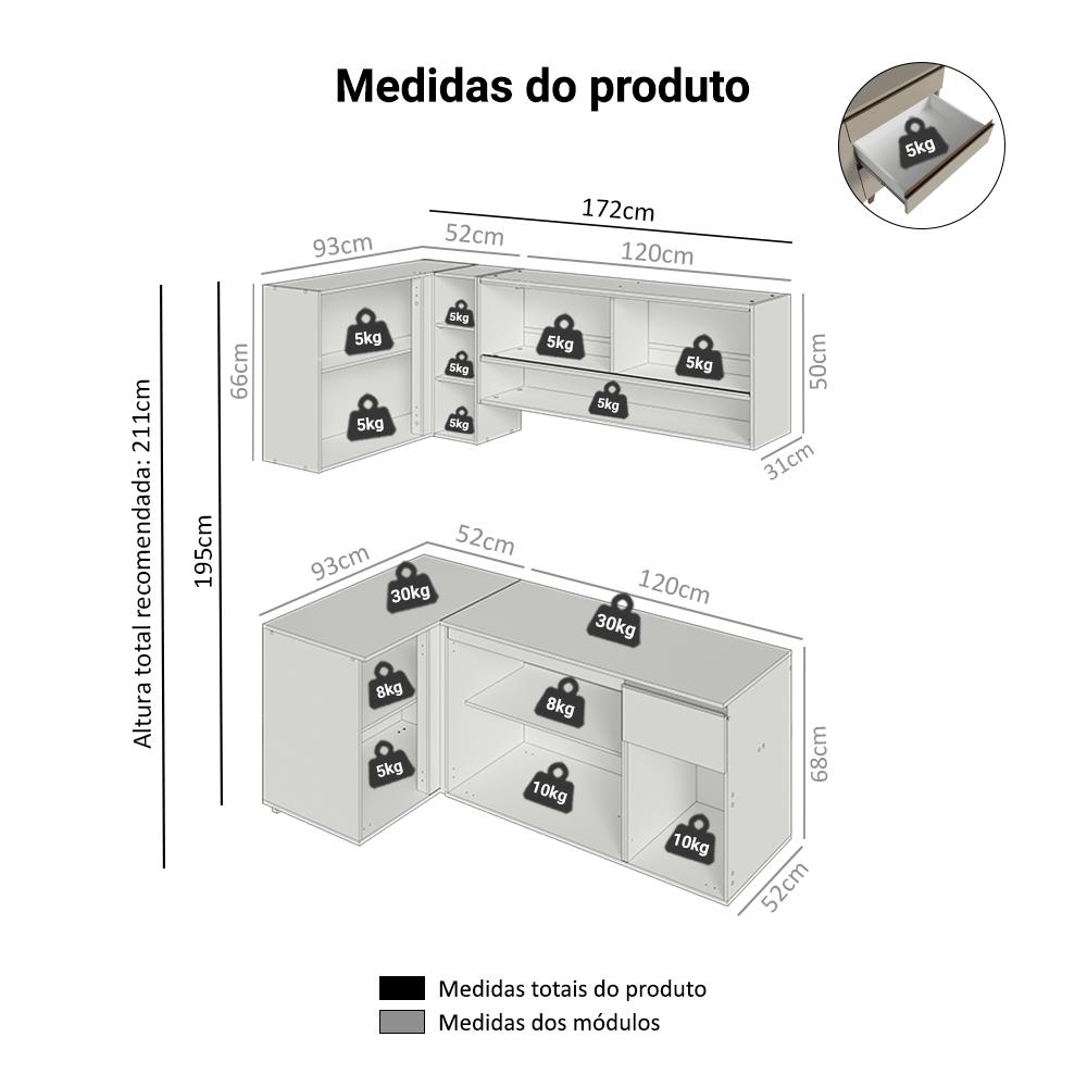 Armário de Cozinha Completa de Canto 265 cm Suspenso Crema Nice Madesa 04