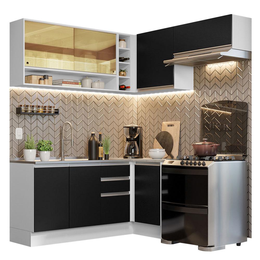 Armário de Cozinha Completa de Canto 349cm Branco/Preto Glamy Madesa 06