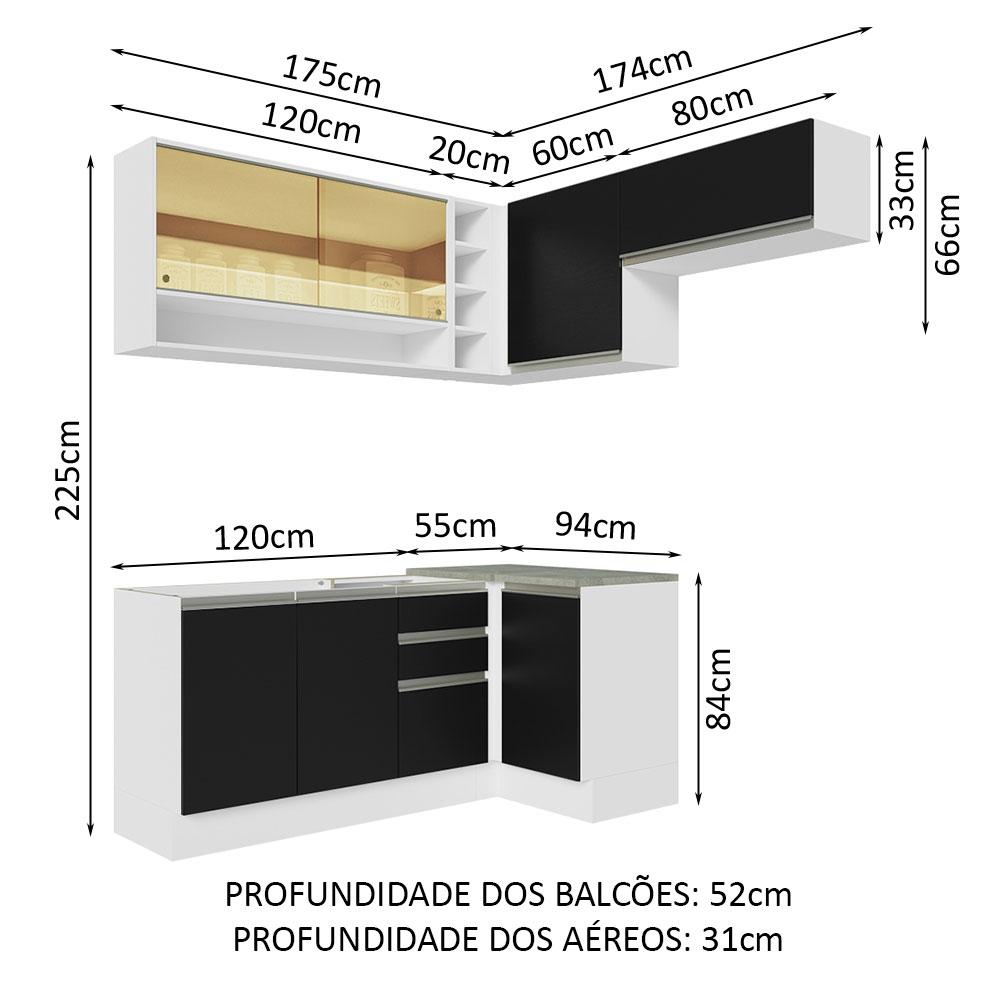 Armário de Cozinha Completa de Canto 349cm Branco/Preto Glamy Madesa 06