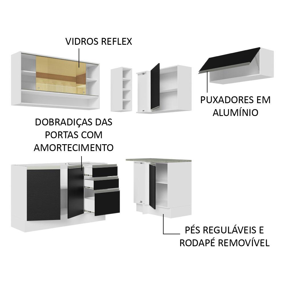 Armário de Cozinha Completa de Canto 349cm Branco/Preto Glamy Madesa 06