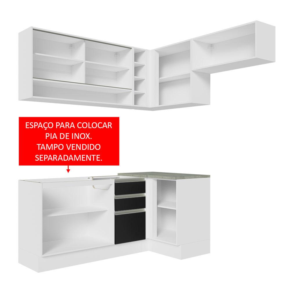 Armário de Cozinha Completa de Canto 349cm Branco/Preto Glamy Madesa 06