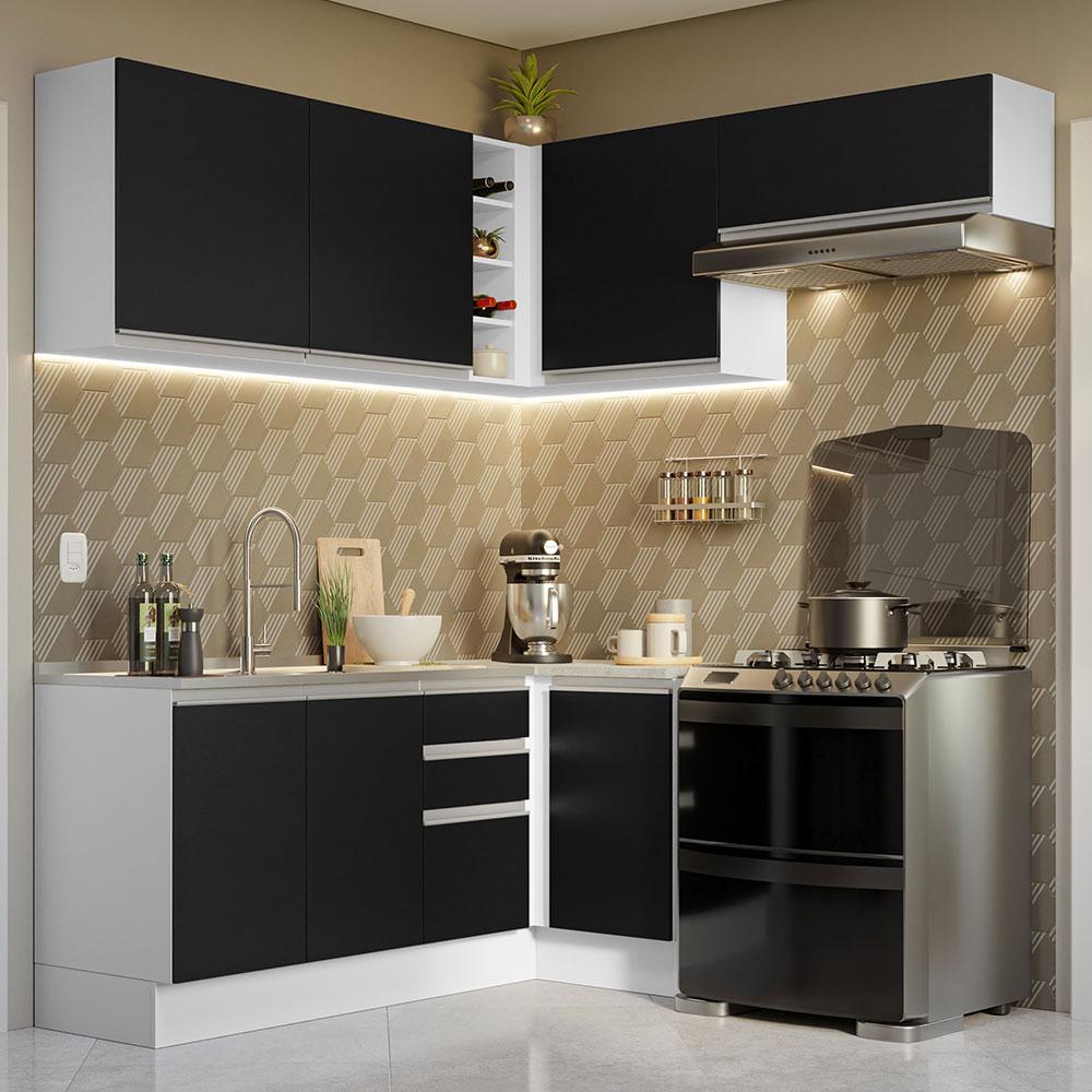 Armário de Cozinha Completa de Canto 349cm Branco/Preto Glamy Madesa 07