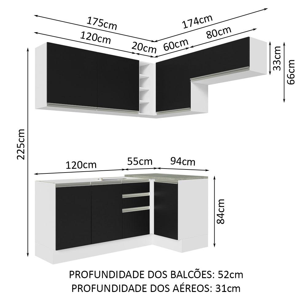 Armário de Cozinha Completa de Canto 349cm Branco/Preto Glamy Madesa 07