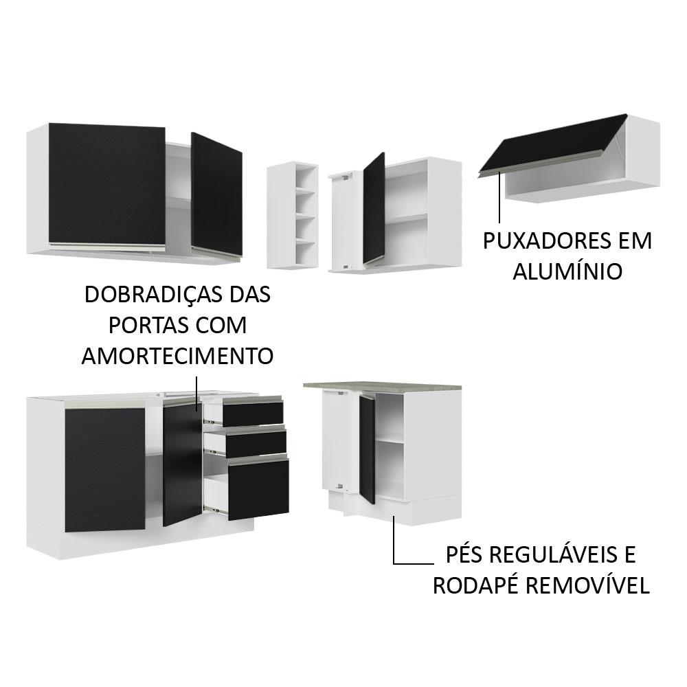 Armário de Cozinha Completa de Canto 349cm Branco/Preto Glamy Madesa 07