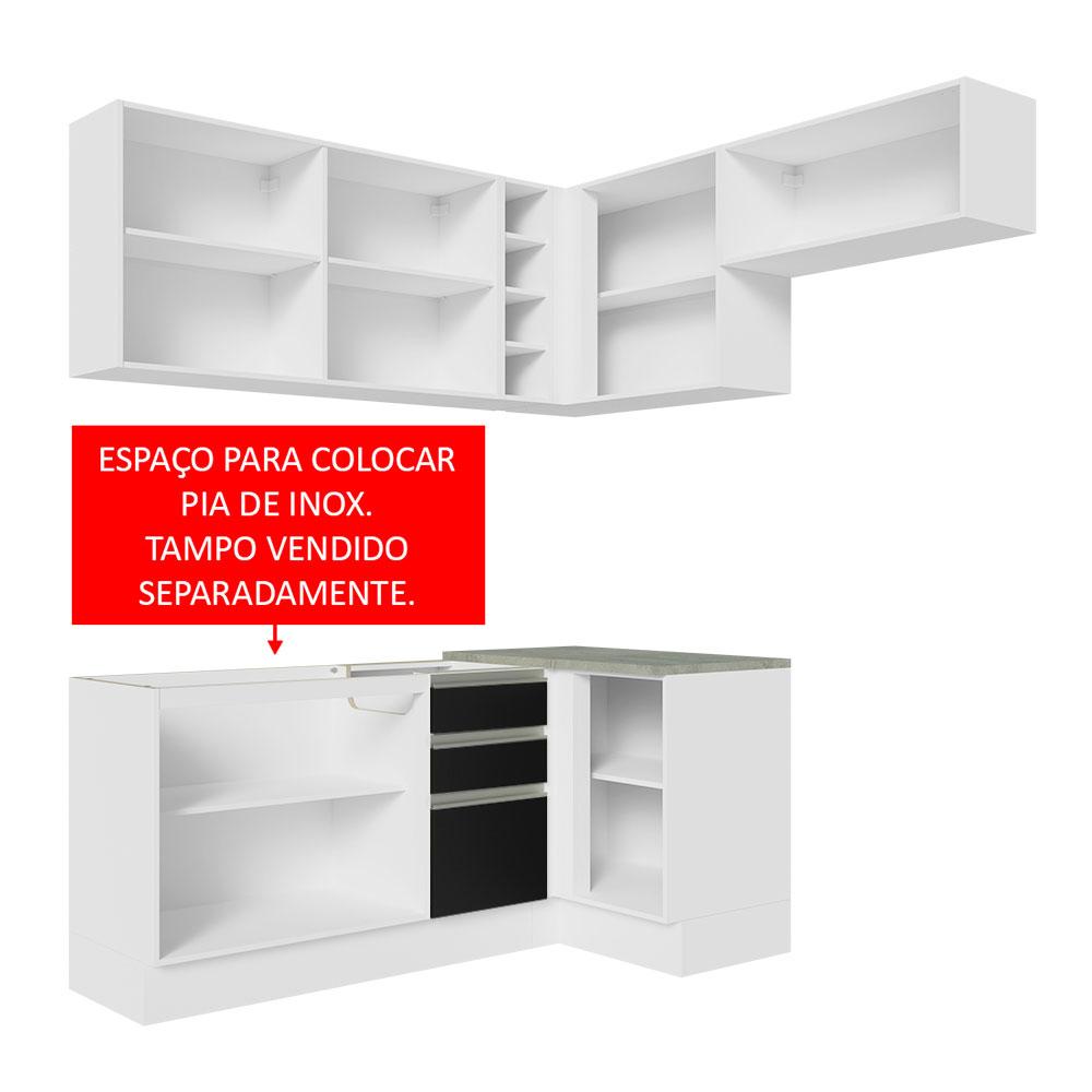 Armário de Cozinha Completa de Canto 349cm Branco/Preto Glamy Madesa 07