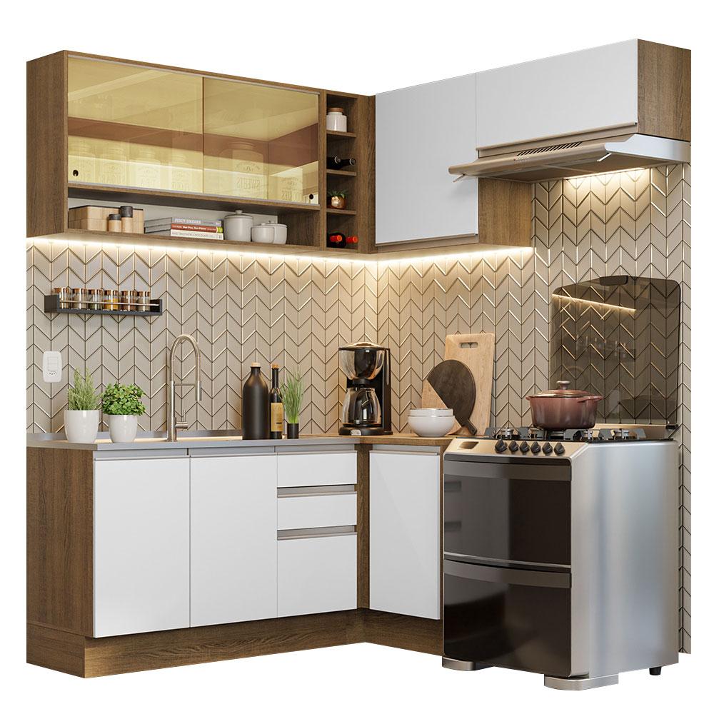 Armário de Cozinha Completa de Canto 349cm Rustic/Branco Glamy Madesa 06