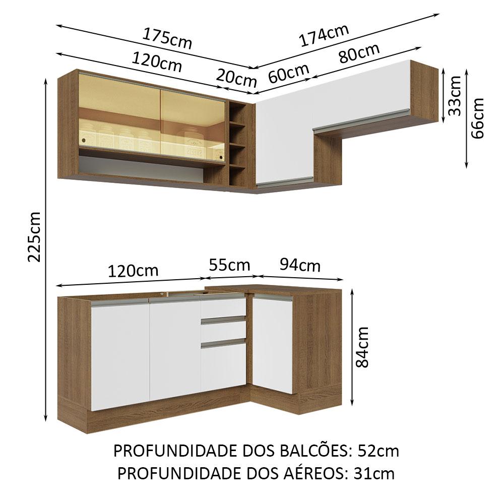Armário de Cozinha Completa de Canto 349cm Rustic/Branco Glamy Madesa 06
