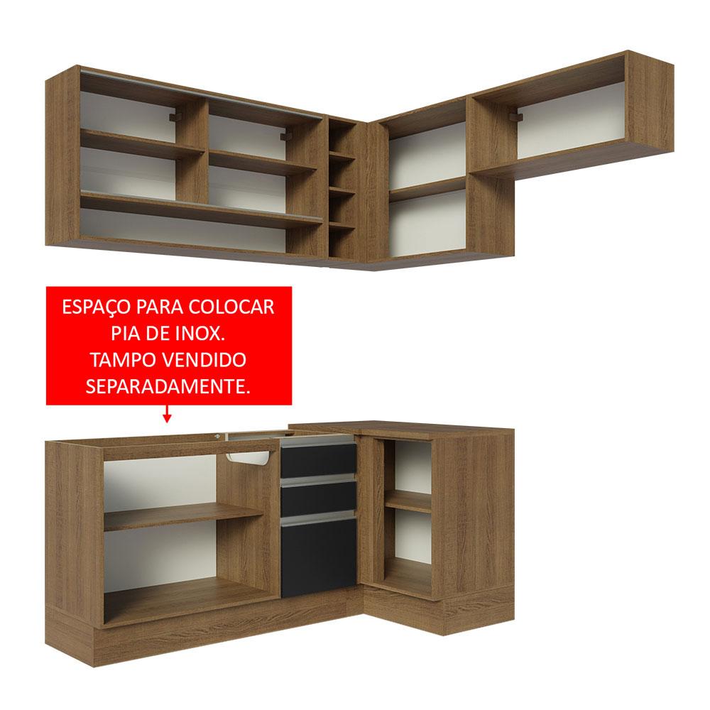 Armário de Cozinha Completa de Canto 349cm Rustic/Preto Glamy Madesa 06