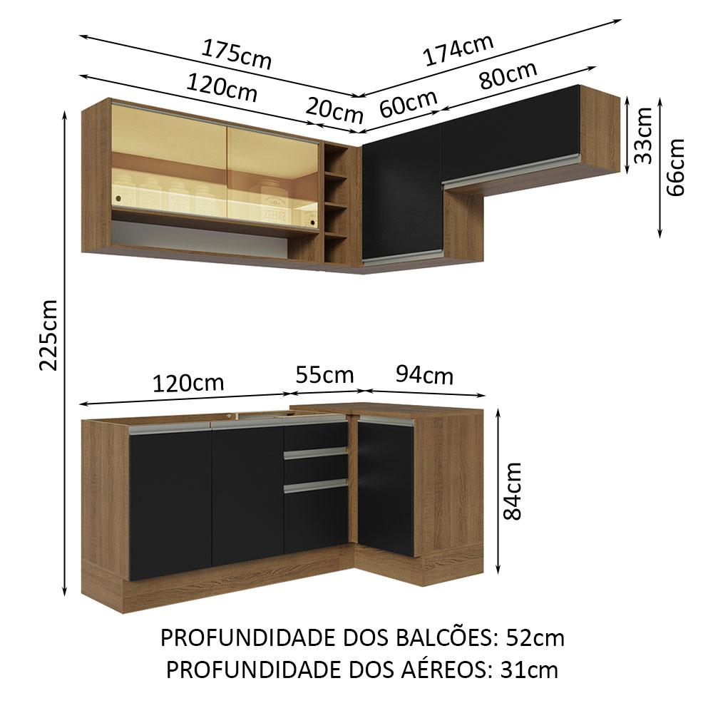 Armário de Cozinha Completa de Canto 349cm Rustic/Preto Glamy Madesa 06