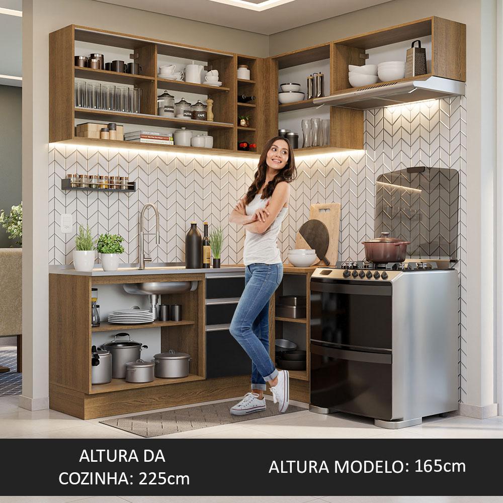 Armário de Cozinha Completa de Canto 349cm Rustic/Preto Glamy Madesa 06