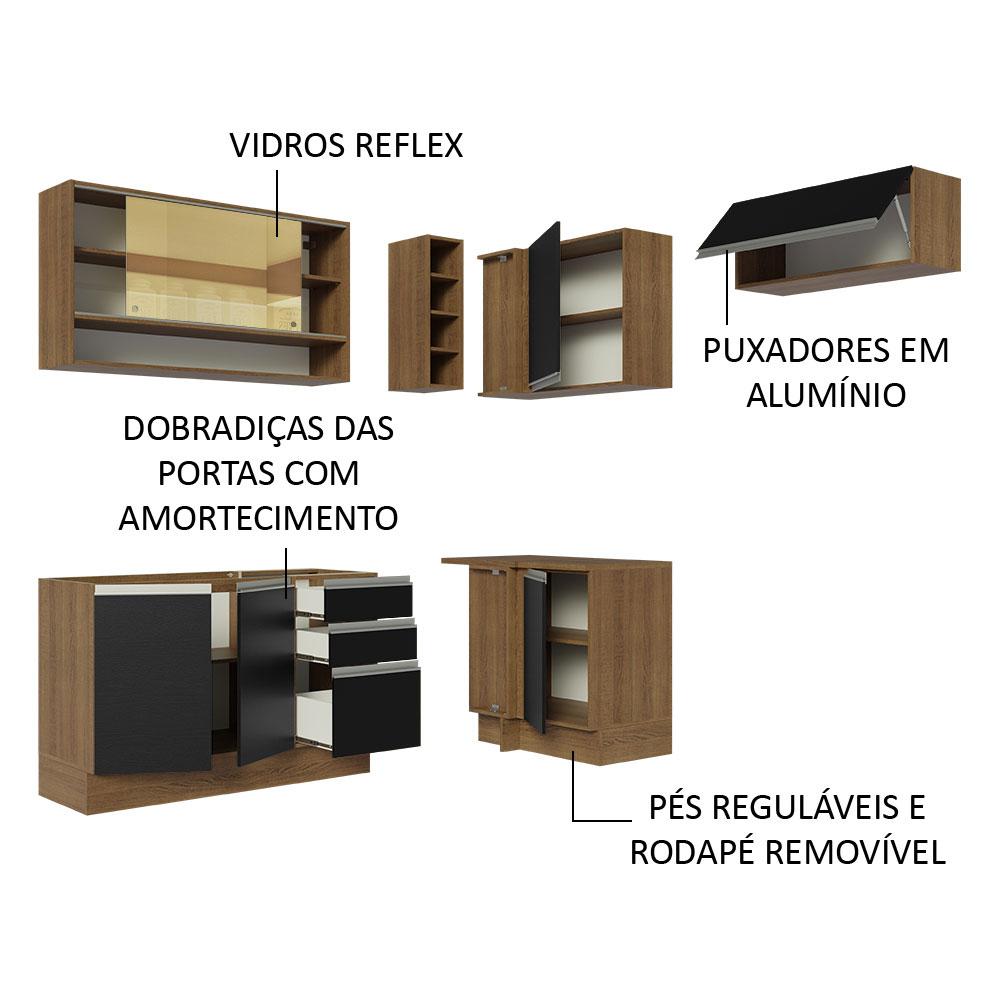 Armário de Cozinha Completa de Canto 349cm Rustic/Preto Glamy Madesa 06