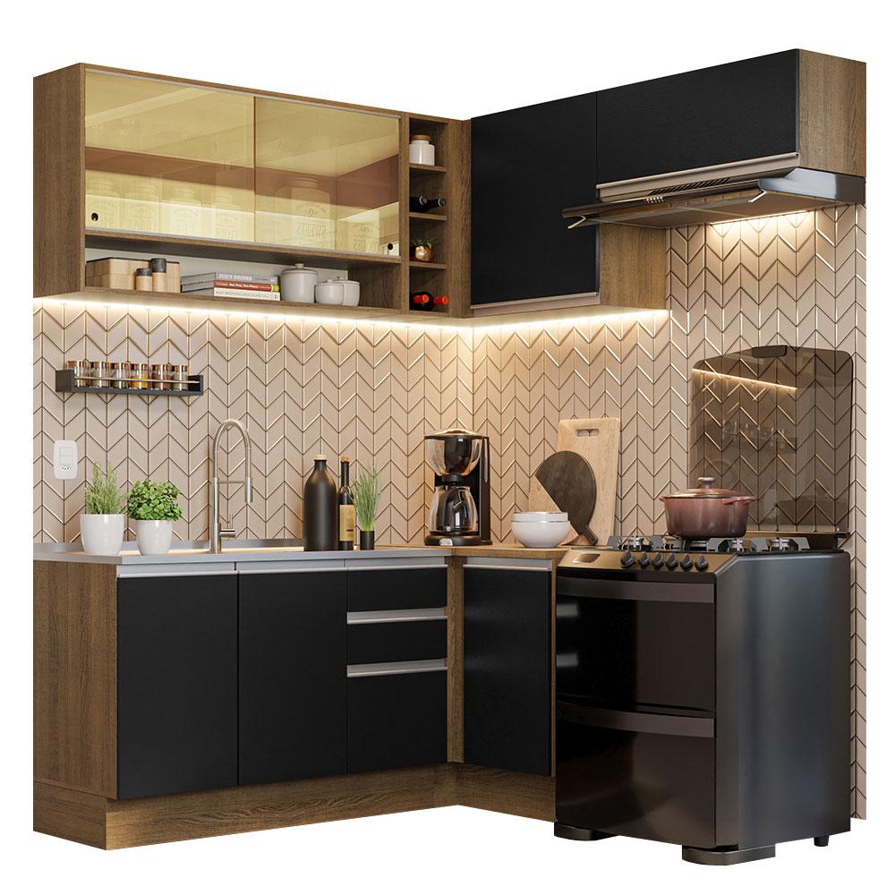 Armário de Cozinha Completa de Canto 349cm Rustic/Preto Glamy Madesa 06