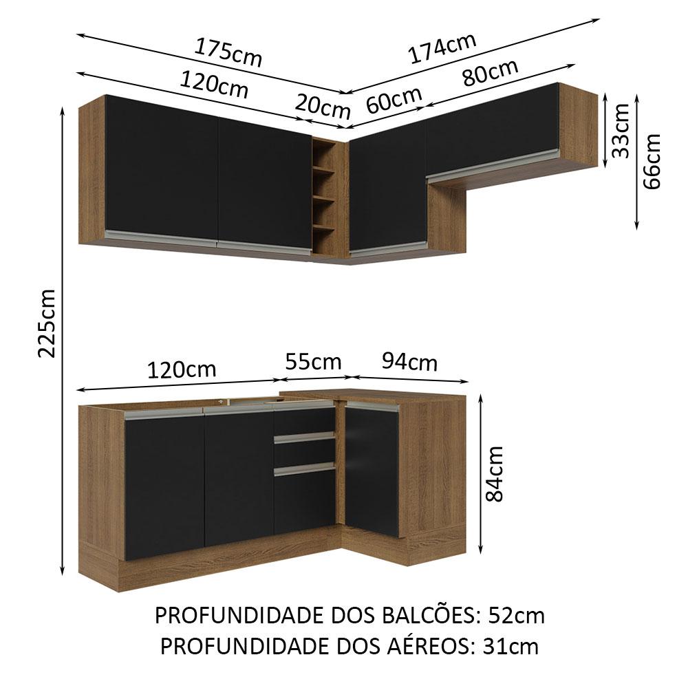 Armário de Cozinha Completa de Canto 349cm Rustic/Preto Glamy Madesa 07