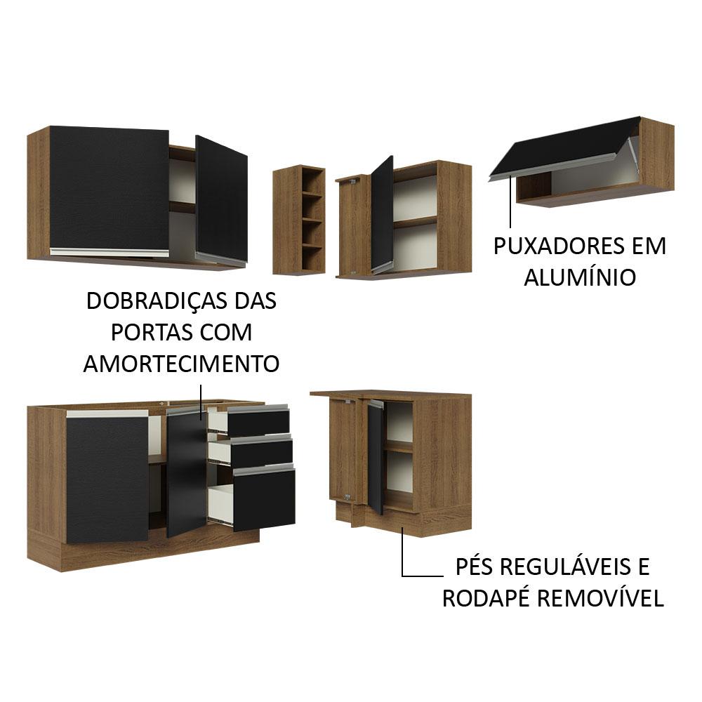Armário de Cozinha Completa de Canto 349cm Rustic/Preto Glamy Madesa 07