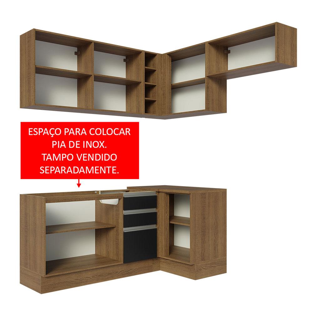 Armário de Cozinha Completa de Canto 349cm Rustic/Preto Glamy Madesa 07