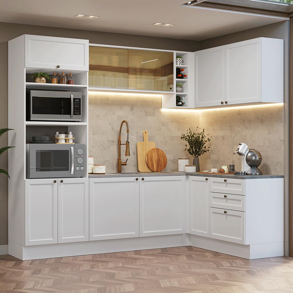Armário de Cozinha Completa de Canto 399 cm Branco Vik Madesa 02