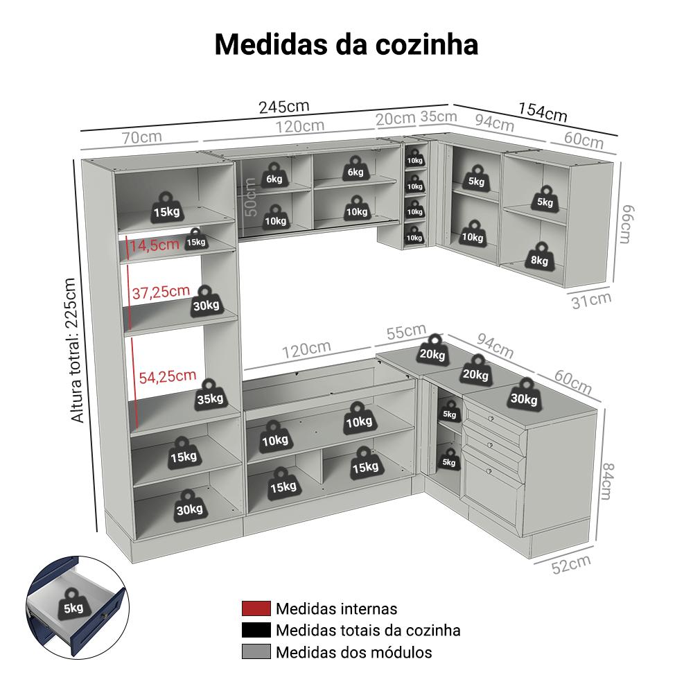 Armário de Cozinha Completa de Canto 399 cm Branco/Azul Vik Madesa 02