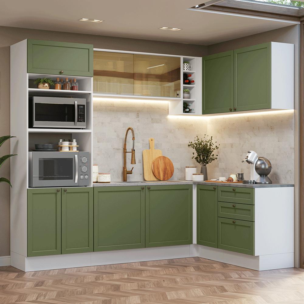 Armário de Cozinha Completa de Canto 399 cm Branco/Verde Vik Madesa 02