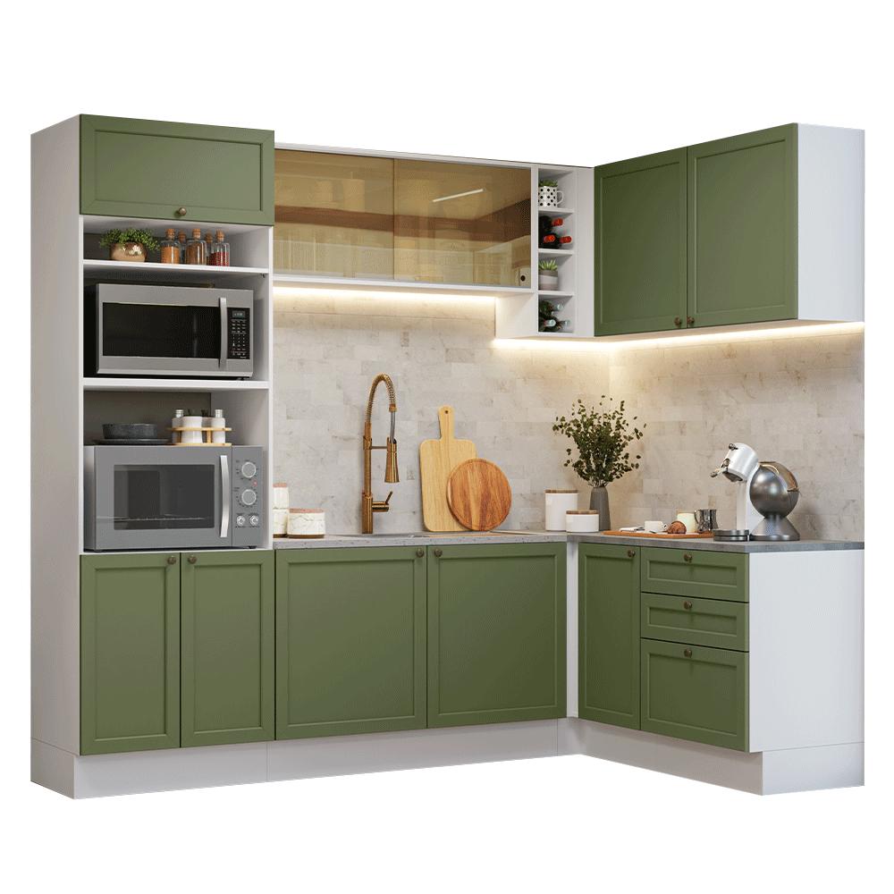 Armário de Cozinha Completa de Canto 399 cm Branco/Verde Vik Madesa 02