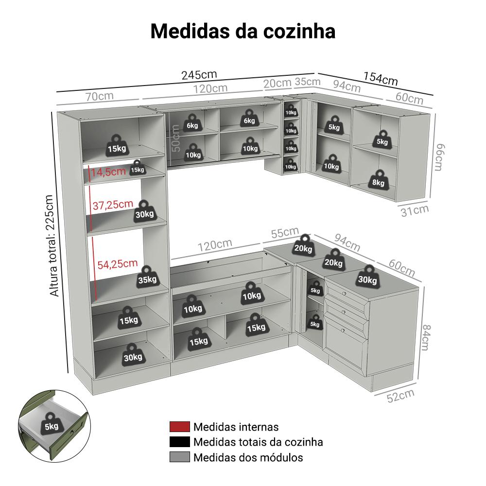 Armário de Cozinha Completa de Canto 399 cm Branco/Verde Vik Madesa 02