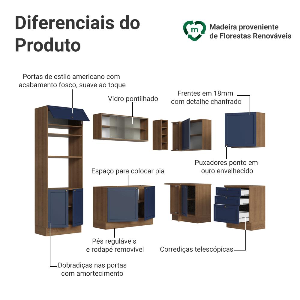 Armário de Cozinha Completa de Canto 399 cm Rustic/Azul Vik Madesa 01
