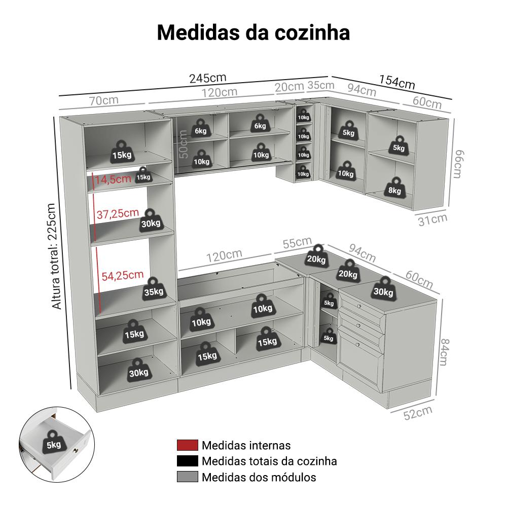 Armário de Cozinha Completa de Canto 399 cm Rustic/Branco Vik Madesa 01