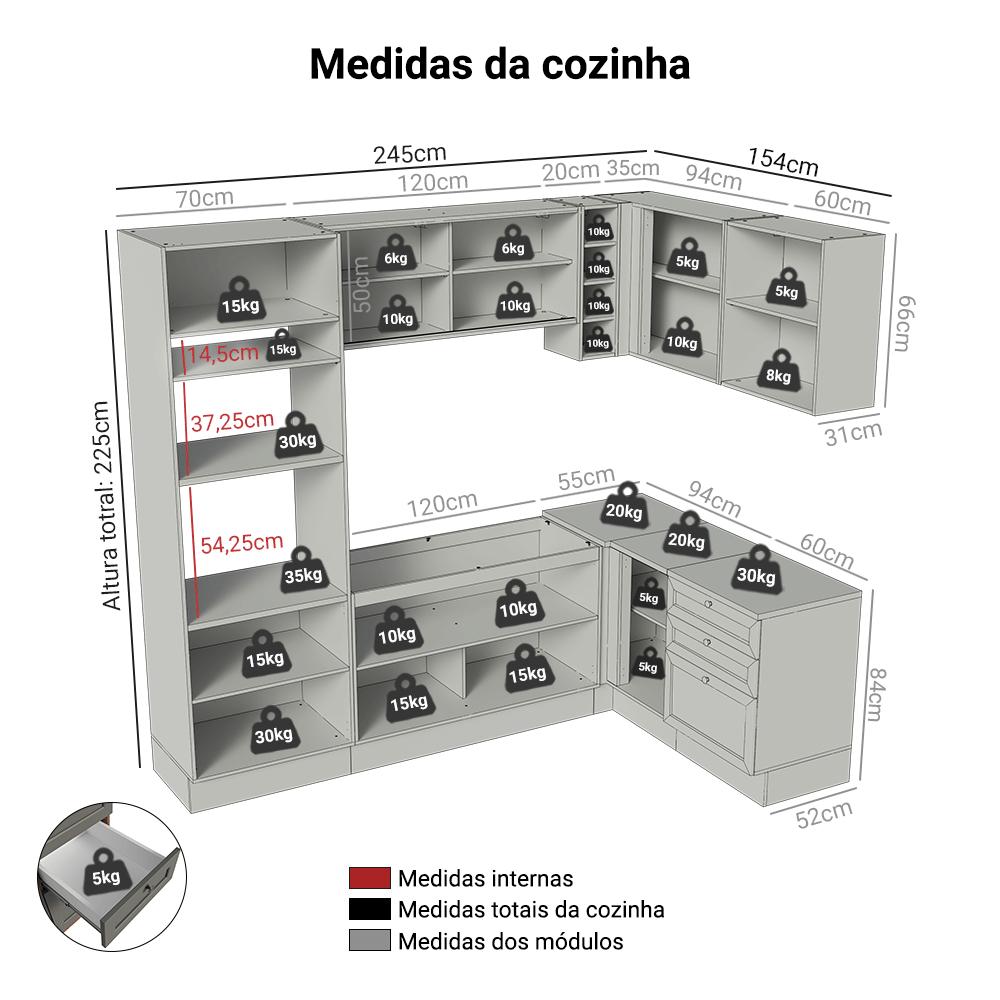 Armário de Cozinha Completa de Canto 399 cm Rustic/Cinza Vik Madesa 02