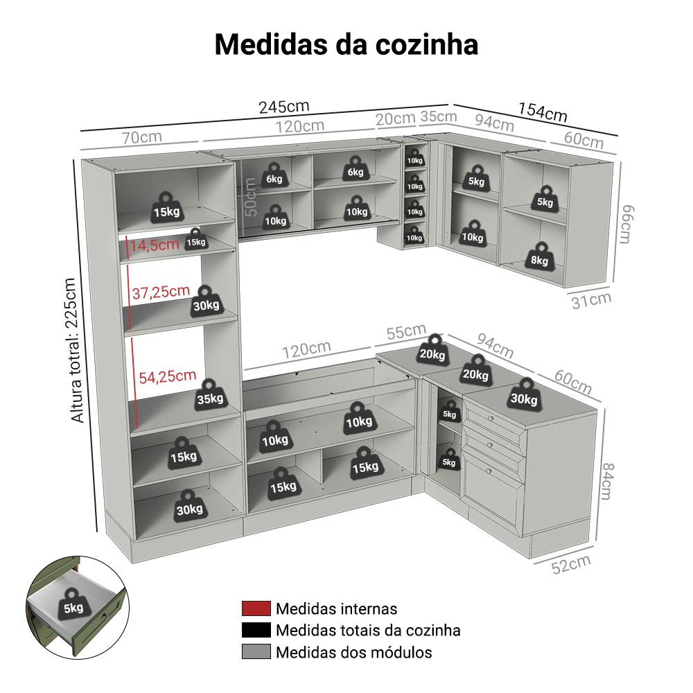 Armário de Cozinha Completa de Canto 399 cm Rustic/Verde Vik Madesa 01