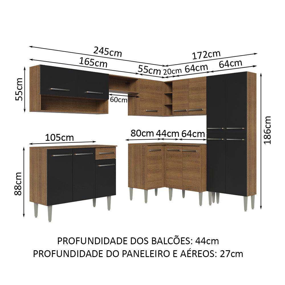 Armário de Cozinha Completa de Canto 417cm Preto/Rustic Emilly Madesa 02