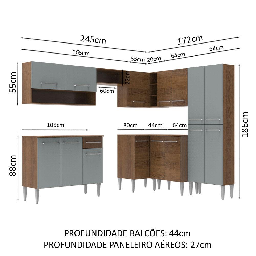 Armário de Cozinha Completa de Canto 417cm Rustic/Cinza Emilly Ice Madesa