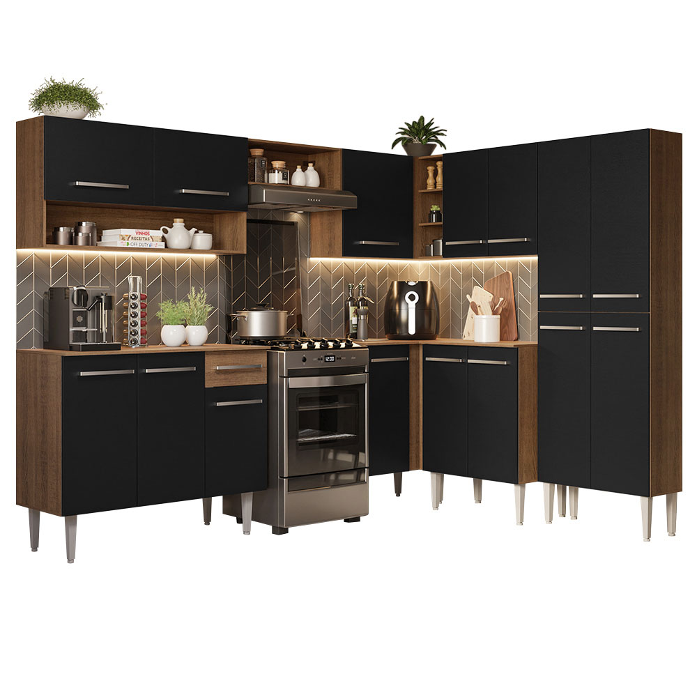 Armário de Cozinha Completa de Canto 417cm Rustic/Preto Emilly Madesa 02