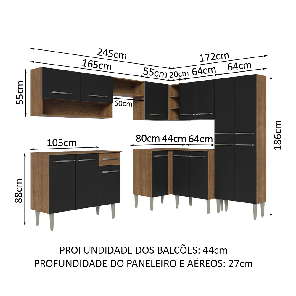 Armário de Cozinha Completa de Canto 417cm Rustic/Preto Emilly Madesa 02