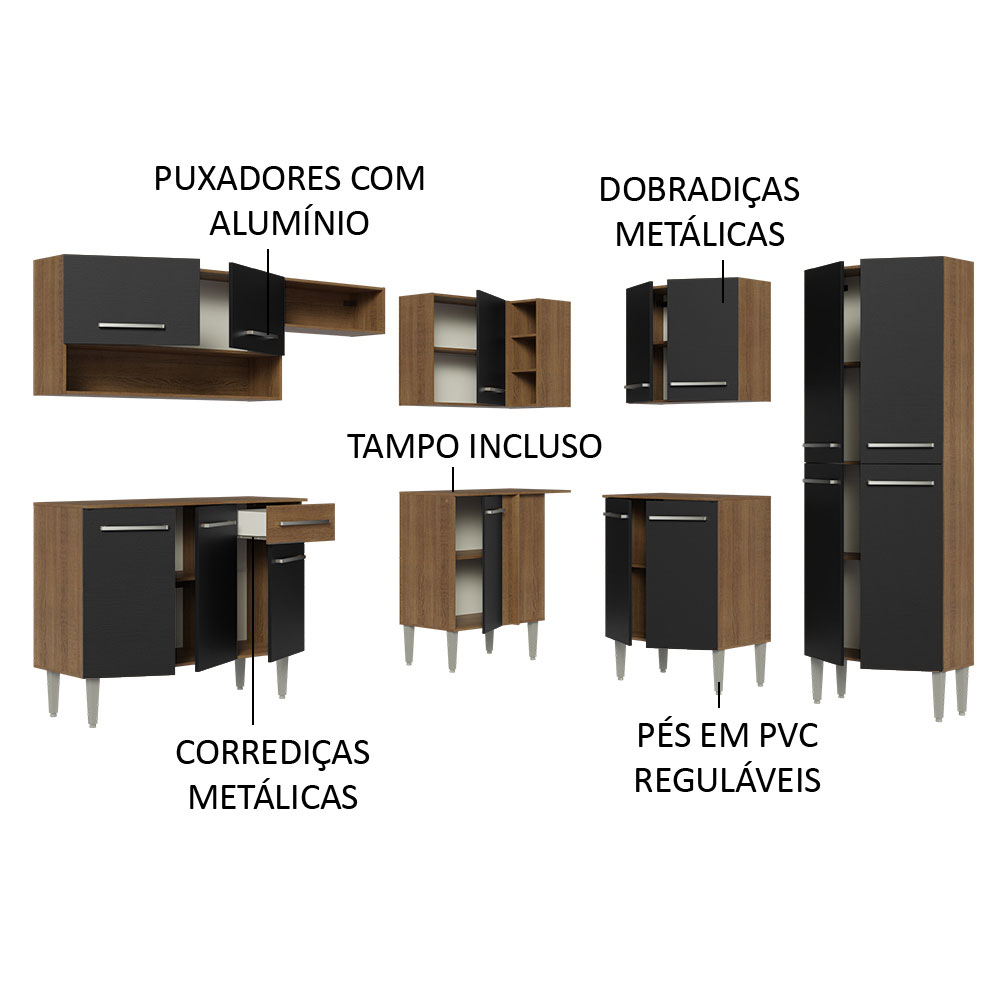 Armário de Cozinha Completa de Canto 417cm Rustic/Preto Emilly Madesa 02