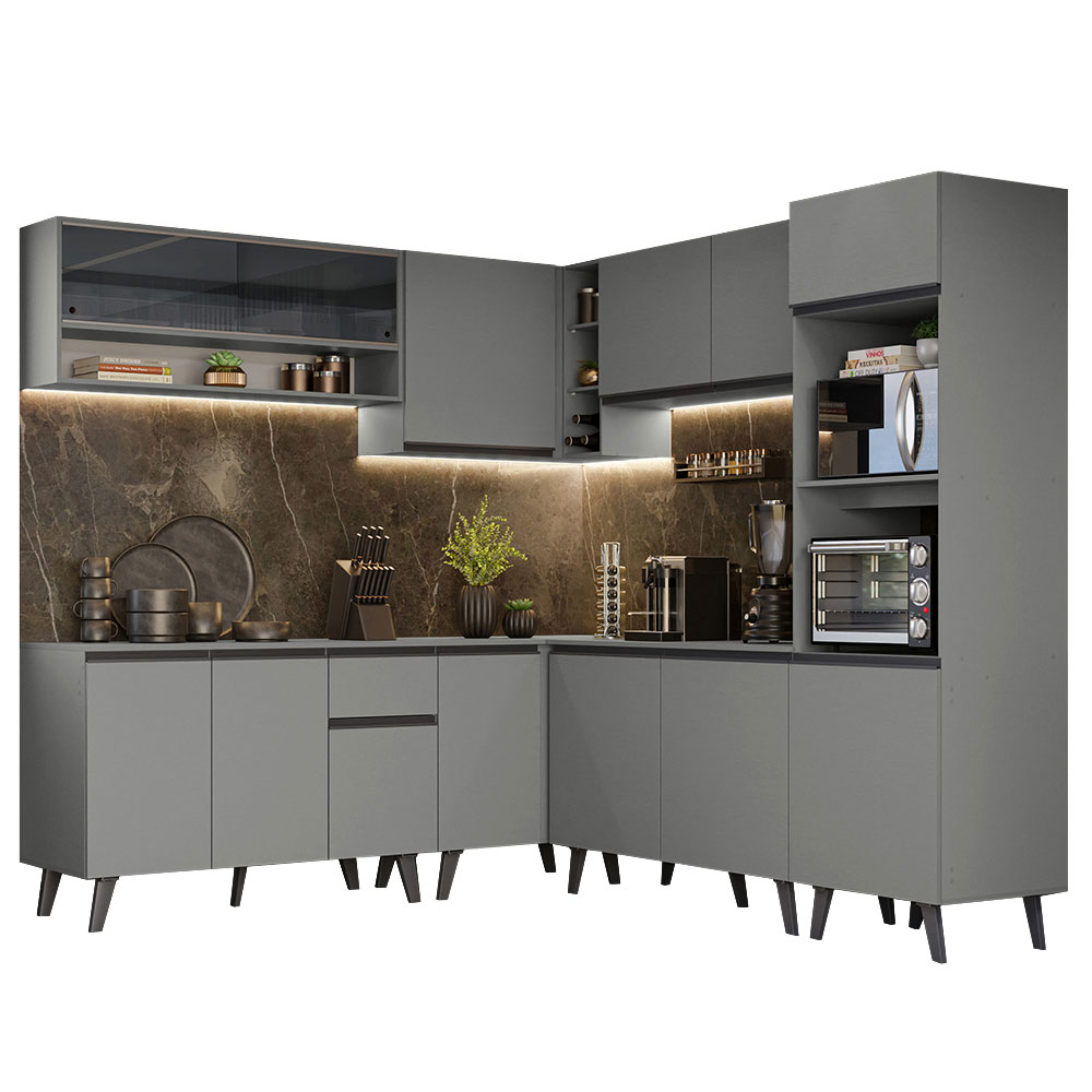 Armário de Cozinha Completa de Canto 445cm Cinza Nice Madesa 01